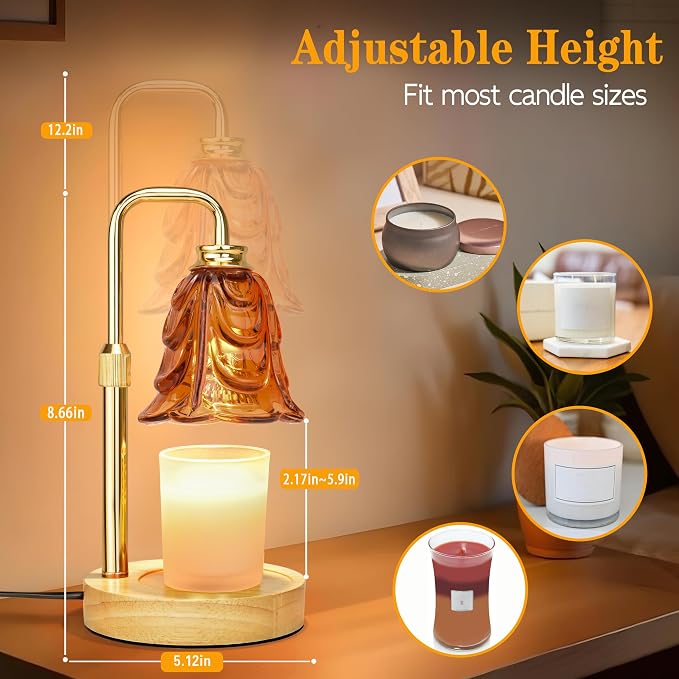 XJZJY Candle Warmer Lamp with Timer Dimmer, Adjustable Height Brown Tulip Candle Wax Warmer, Christmas Birthday Gift for Mom Women, House Warming Gifts for New Home Bedroom Decor,Brown