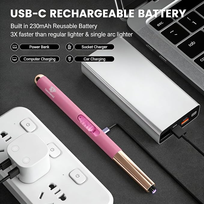 Electric Candle Lighter USB Rechargeable with Safety Lock & LED Display, Windproof Flameless Pink Lighter for BBQ, Camping, Kitchen, Gifts for Women Men(Summer Pink)