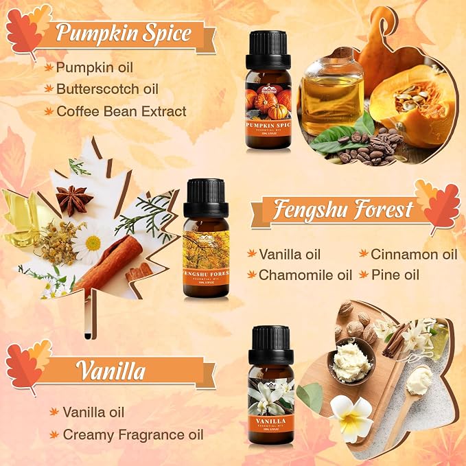 Autumn Essential Oils for Diffuser for Home, Aromatherapy Oils Diffusers Scents for Humidifier, Soap & Candle Making, Pumpkin Spice, Harvest Spices and Vanilla Fragrance Oils Set for Gifts(6×10ml)