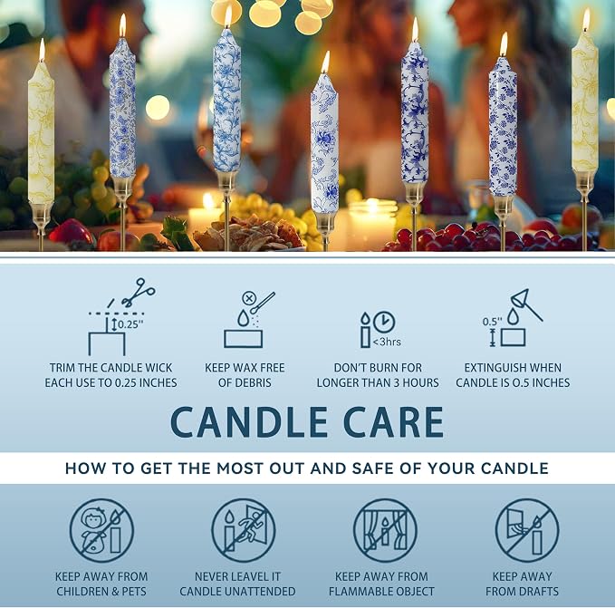 7 inch Short Candle Floral Candle Sticks Printed Candlestick Handmade Unscented Taper Candle 4 Pack Light Blue Flower Tapered Candles for Home Dinner Wedding Holiday