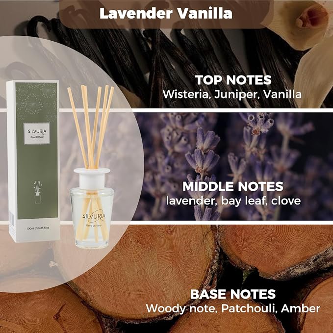 Lavender Vanilla Reed Diffuser Set,100ml(3.38oz) Essential Oil Diffuser with 6 Sticks,Home Fragrance for Bedroom,Living Room,Bathroom,Perfect Home Decor Gift