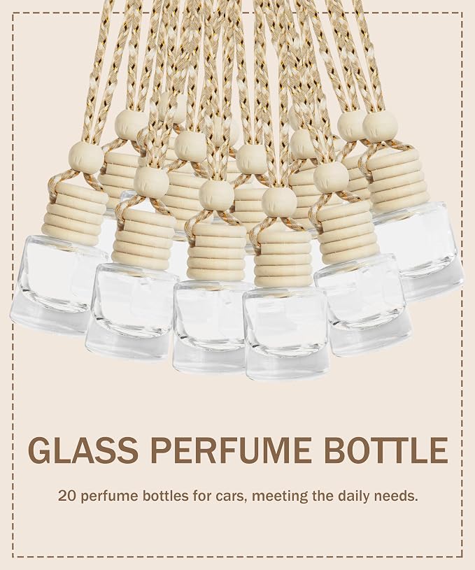 ESEWALAS 20 Pcs Car Air Fresheners, Hanging Diffuser Empty Glass Perfume Bottles, Aromatherapy Fragrance Perfume Pendant Glass Vials for Car Decor