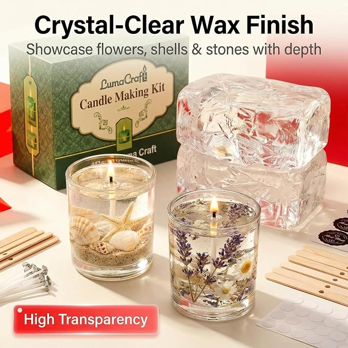 LumaCraft Clear Gel Wax for Candle Making – 4.4LB (2000g) Transparent Jelly Wax with 50 Wicks, 50 Wick Stickers & 10 Wick Holders - Natural Non-Toxic DIY Gel Candle Supplies for Beginners & Crafters