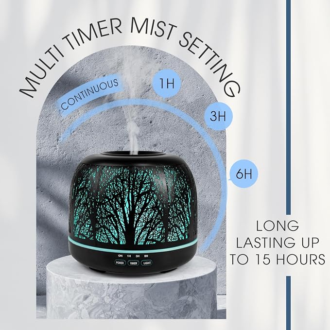 ARVIDSSON 500ml Essential Oil Diffuser, Metal Diffusers for Essential Oils, Aromatherapy Diffuser for Large Room, Color Mood Light & Mist Timer Setting, Gift for Women - Black Tree