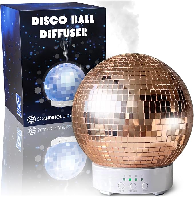 Disco Ball Diffuser Rotating - 300 ML Oil Diffuser Essential Oils, Quiet Oil Diffusers, Night Light and Timer, Disco Ball Table Decor, Plant Room Decor | Aromatherapy Diffuser for Large Room Rose Gold