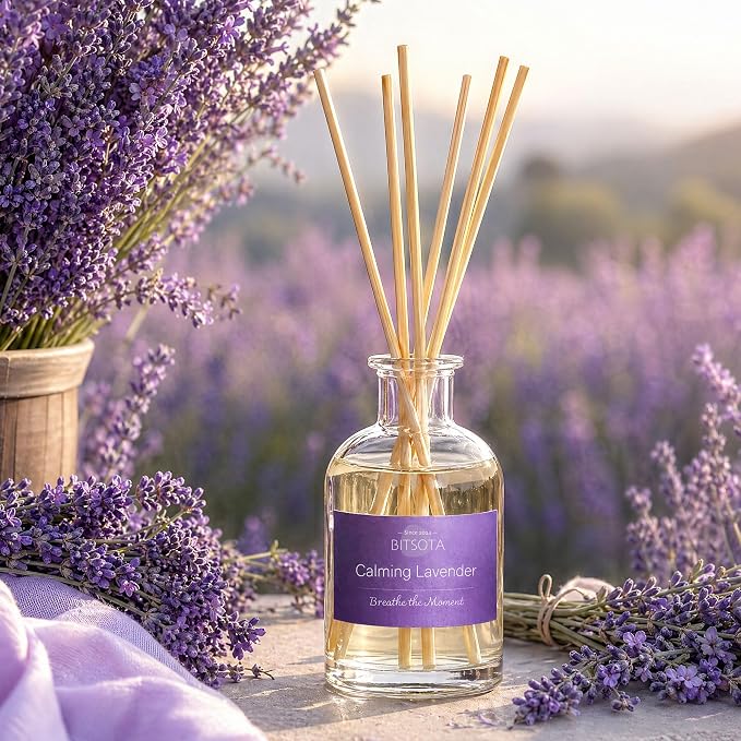 Natural Reed Diffuser Set, Calming Lavender 3.52 oz (100ml) Scented Diffuser with Sticks Home Fragrance Reed Diffuser for Bathroom Shelf Decor, Ideal Gift for Woman