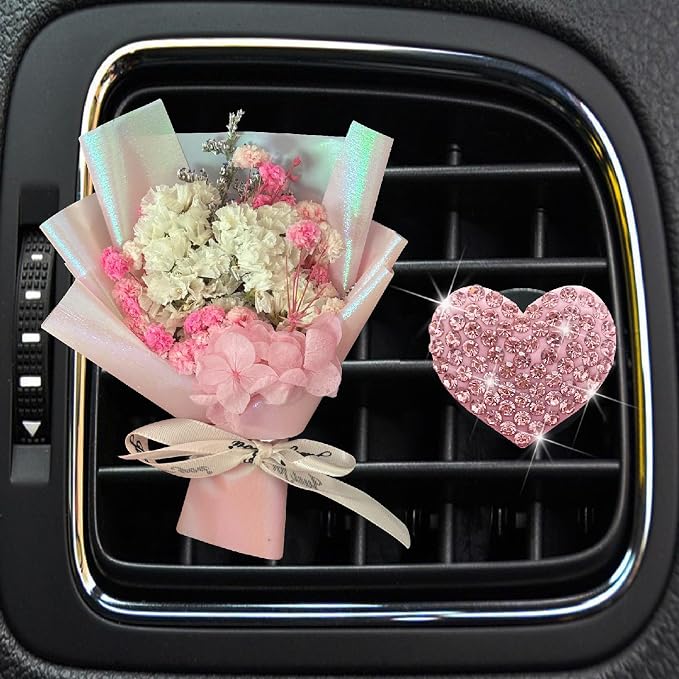 Mini Dried Flowers + Heart Car Vent Clips-Decorative Air Outlet Bouquets with Floral Scent,Fragrance Diffusers for Vehicle Interior Decor,Automotive Air Freshener Decorations (Pink, Random fragrance)
