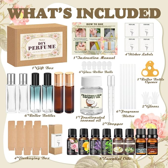 Thaluna Roll-On Perfume Making Kit, Diy Perfume Making Kit Make Your Own Fragrance Roller Kit with Essential Oils, Roll-On Bottles, Gift Set for Women and Girls