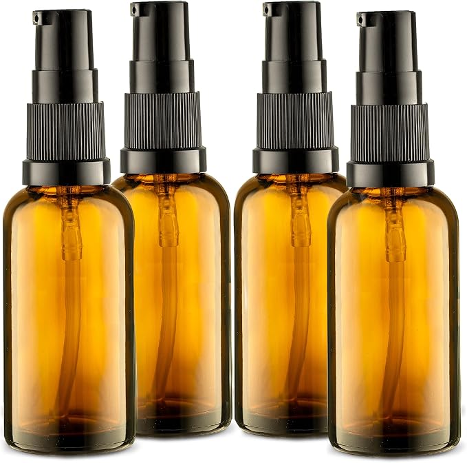 VitalUp Empty Refillable Glass Amber Pump Bottle Ideal for Lotion Cream Essential Oil Travel Small Container - 4Pack (50ml)