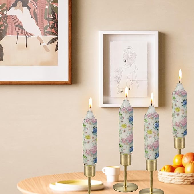 5 inch Short Candle Floral Candle Sticks Printed Candlestick Handmade Unscented Taper Candle 4 Pack Beautiful Flower Tapered Candles for Home Dinner Wedding Holiday