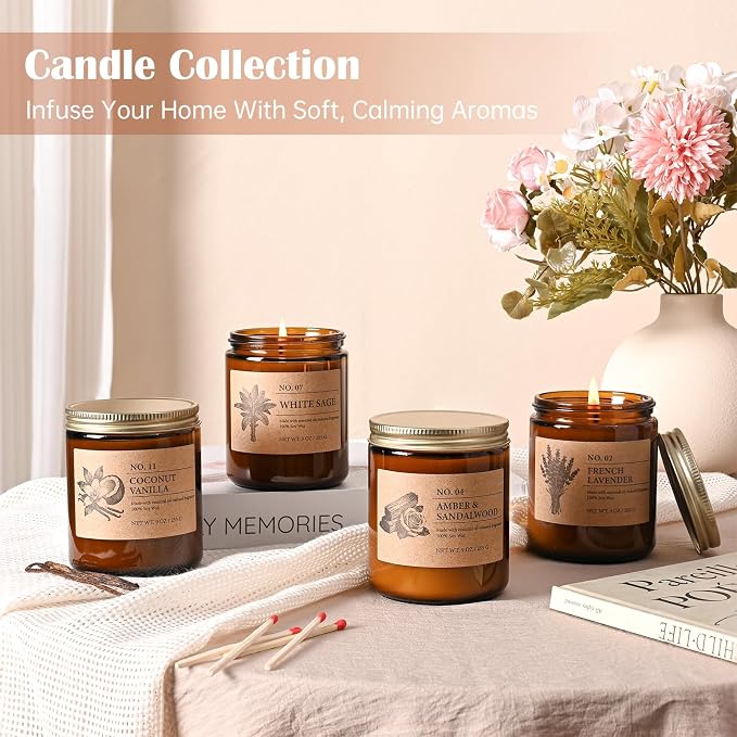 Soy Candles Set of 4, 9oz Natural Soy Wax Aromatherapy Candles, Home Scented Candles with 4 Scents (Lavender, Amber Sandalwood, White Sage, Coconut Vanilla), Gifts for Mom, Women, Relaxation, Yoga