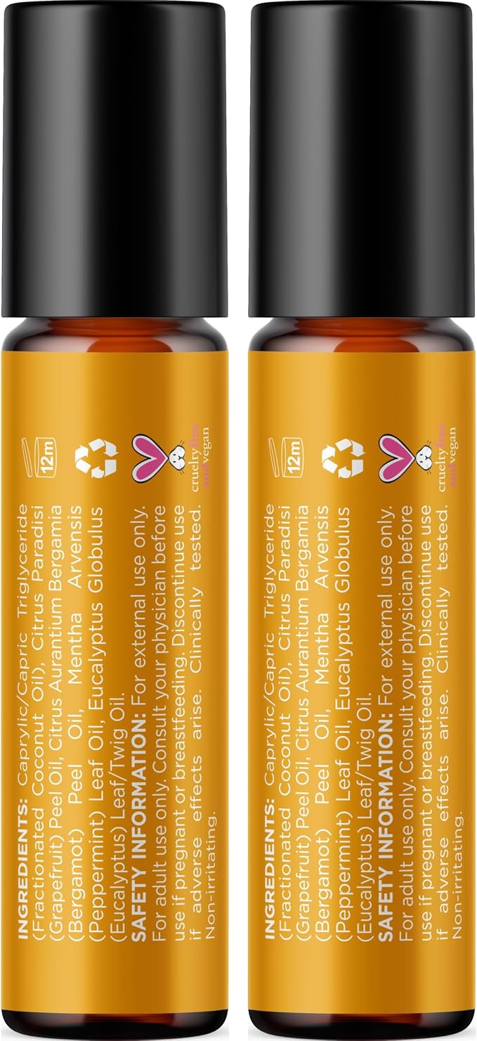 Focus Essential Oil Roll On - Aromatherapy Essential Oil Roller with Invigorating Pure Citrus and Mint Oils - Attention and Focus Essential Oil Blend with Eucalyptus Peppermint & Grapefruit (2 Pack)