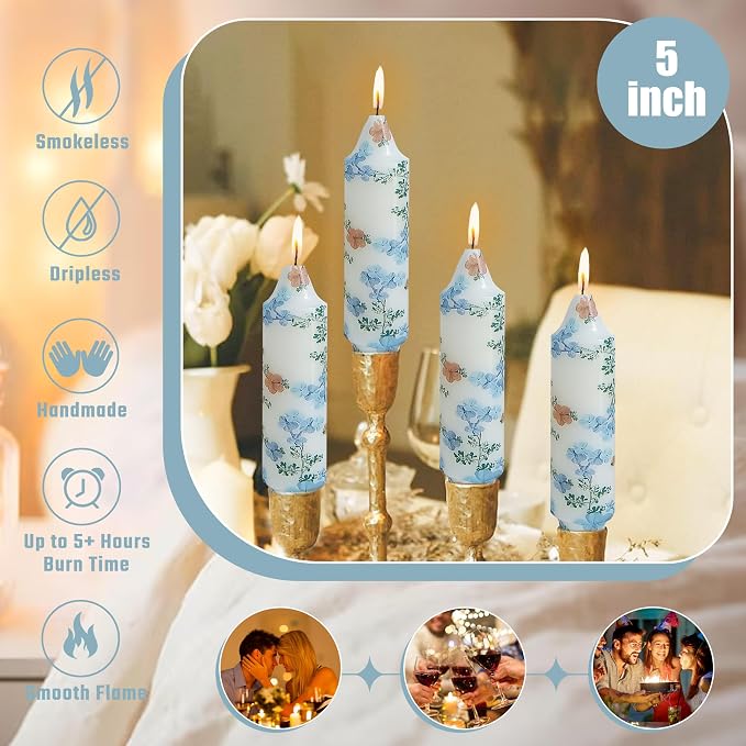 5 inch Short Candle Blue Floral Candle Sticks Printed Candlestick Handmade Unscented Taper Candle 4 Pack Blue Flower Tapered Candles for Home Dinner Wedding Holiday
