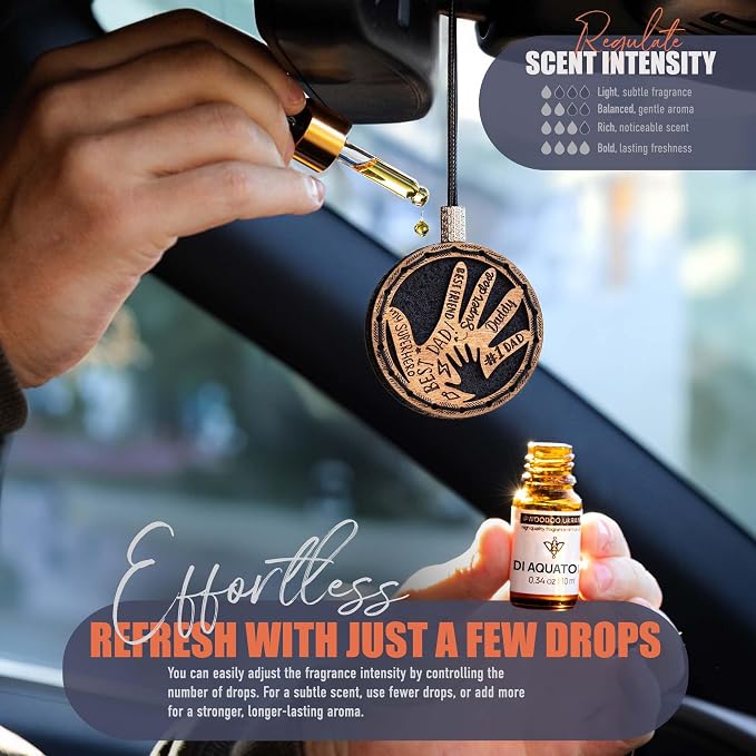 Handmade Wood Car Air Freshener — Father’s Hands Designed Refillable Essential Oil Diffuser — Long Lasting diAquatoria Fragrance Oil 10 ml — Car Accessories Gift Box