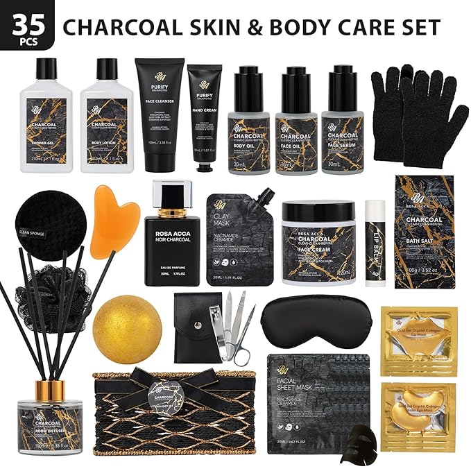 35 Pcs Charcoal Bath & Body Gift Basket for Women & Men, Mother's Day Gifts, Face Skin Care Kit, Home Spa Basket Gift, Self-Care Gift, Bath Bomb, Birthday, Christmas, Anniversary, Valentines, Wife