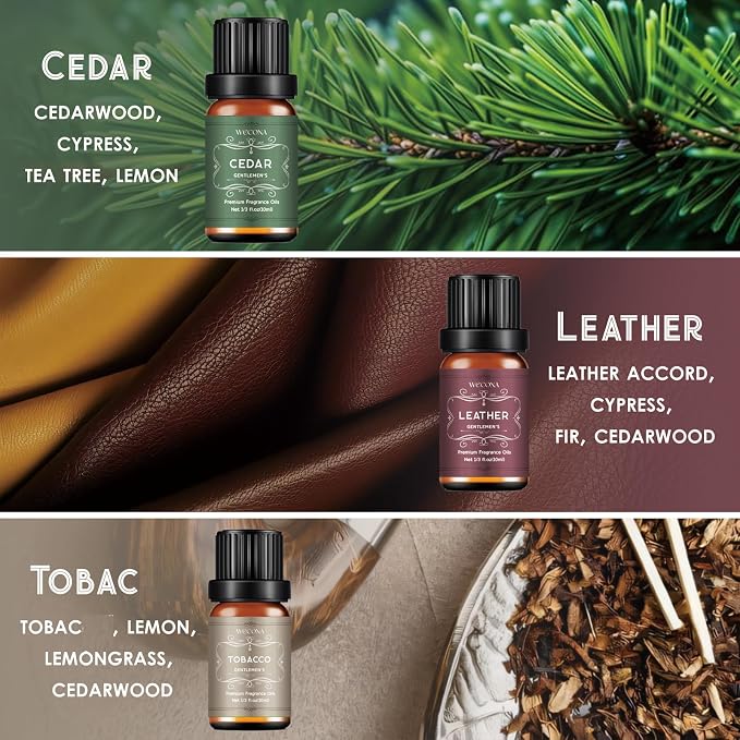 Men's Essential Oils for Diffusers for Home - 6x10ML Fragrance Oil for Candle Making - Leather, Sandalwood, Coffee, Cedarwood, Cinnamon & Amber Accord | Essential Oil Set for Soap & Gifts