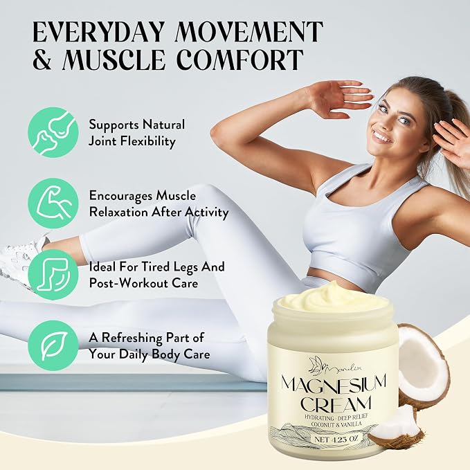 Magnesium Cream for Sleep - Topical Magnesium for Women, Muscle Relaxation, Calm, Moisturizing with Coconut Oil, Shea Butter & Hyaluronic Acid, 4.23 OZ, Safe for Kids (4.23 Ounce, Coconut)