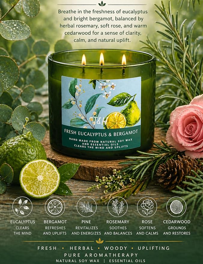 Eucalyptus Bergamot 3 Wick Candle for Home Scented | 15.8 oz Large Soy Candle | Spa Aromatherapy Candles for Home Stress Relief Relaxation | Clean Burn | Gift for Women & Men Housewarming