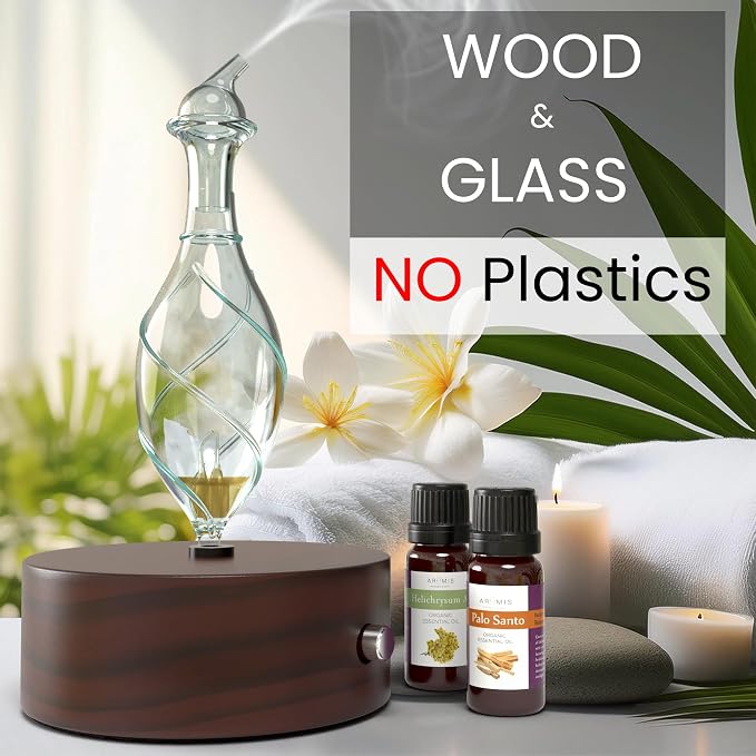 ArOmis Premium Glass Essential Oils Nebulizer - Waterless Diffuser for Aromatherapy - Handmade Oil Diffuser, Wooden Base, No Plastic, No Heat, No Battery, No LEDs - Solum Nox Vitis