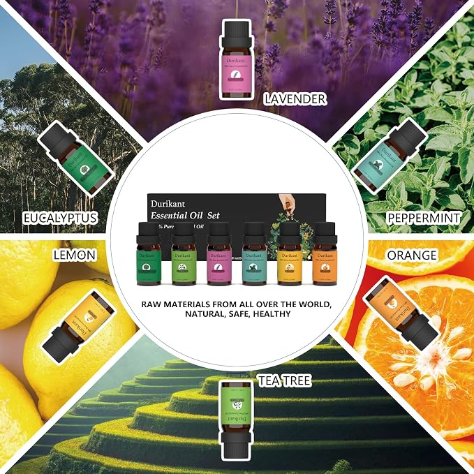 Essential Oil Set - 100% Pure Natural, 6-Pack (Tea Tree, Eucalyptus, Lavender, Orange, Peppermint, Lemon Oils) - 0.33 Fl Oz Each