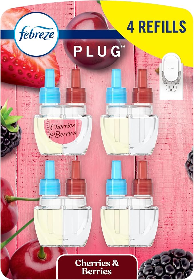 Febreze Plug In Air Freshener, Odor-Fighting Scented Oil Refill, Air Fresheners for Home and Bathroom and Kitchen, Long Lasting for Strong Odors, Cherries & Berries Scent, 0.87oz Refills, 4 Count