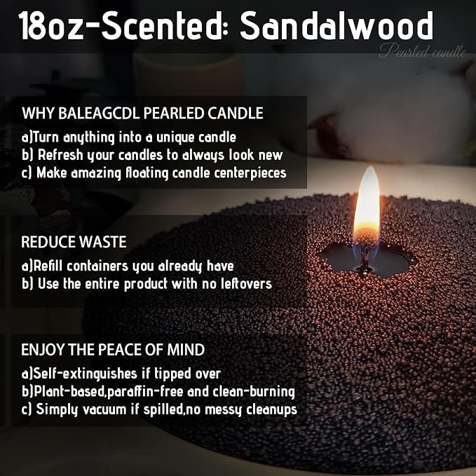 Black Pearled Candle – 18 oz/1.1 lb Sandalwood Scented Sand Candles with 30 Wicks | Refillable Wax Long-Lasting Powder 120 Hours Clean Burning for DIY Gifts