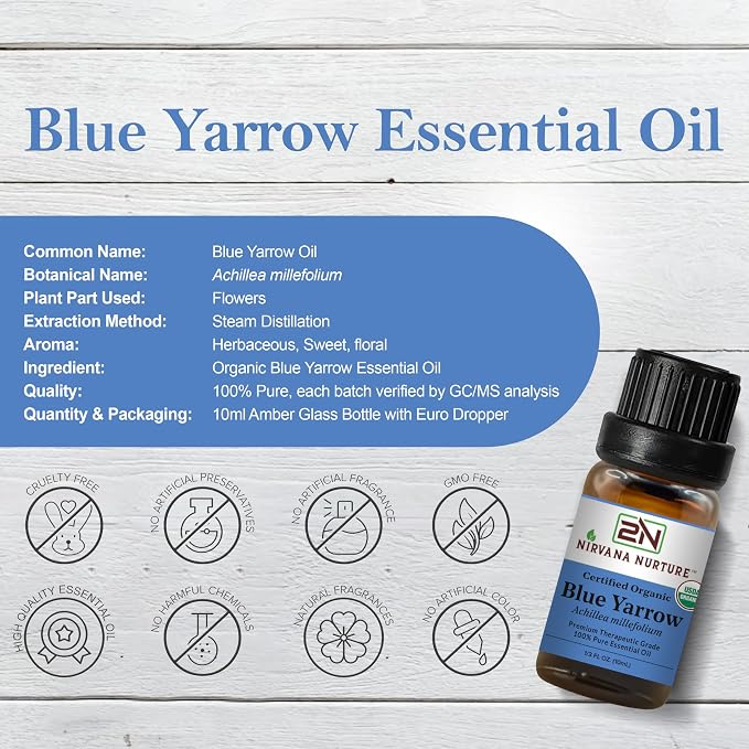 Blue Yarrow Essential Oil, USDA Certified Organic, 100% Pure Undiluted, Aromatherapy Oil for Diffuser, Hair & Skin Care
