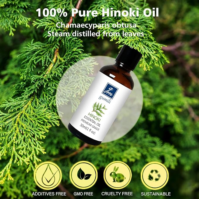 GM Gumili Hinoki Essential Oil 1 Oz – 100% Pure Natural Hinoki Oil for Diffuser, Skin, Hair, Massage & DIY, Refreshing Woodsy Aroma