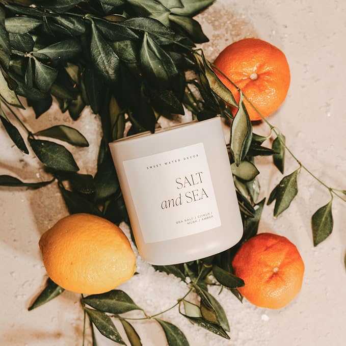 Sweet Water Decor Salt and Sea Soy Candle - Sea Salt, Citrus, Musk, and Amber Scented Summer Candles for Home - 15oz Tan Matte Jar, 70+ Hour Burn Time, Made in The USA - Beach Candles and Decor