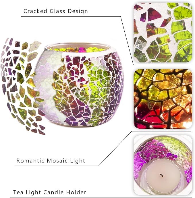 Rancco Glass Votive Candle Holder for Tealight, Romantic Mosaic Cracked Candle Holder, Candle Lamp Aromatherapy Candlescape Bowl for Valentine's Thanksgiving, Christmas Table Centerpiece, Party Decor