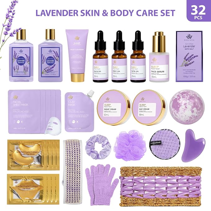 Gifts for Women, Lavender 32 Pcs Bath & Body Gifts Basket Set for Women, Hydrating Facial Skin Care Set, Spa Basket Self-Care Set, Face Sheet Mask, Birthday Gifts, Christmas, Mothers Day, Anniversary