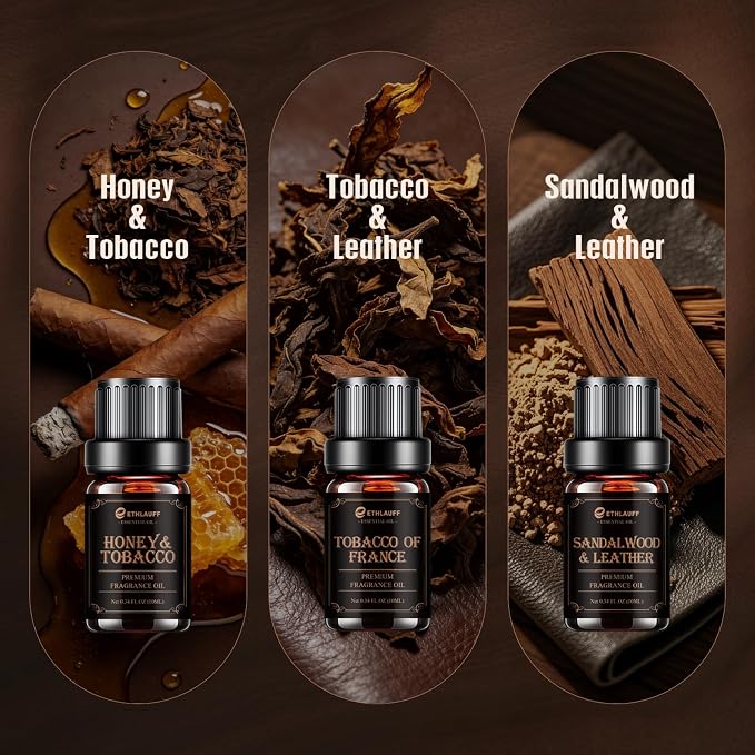 Men Essential Oils Set, Premium Fragrance Oils for Diffusers for Home - | Leather, Sandalwood, Cologne, Smoke Tobacco Scents, Candles & Aromatherapy Gifts for Him