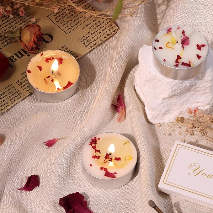 Rose Scented Tealight Candles 64 Pack - 4-Hour Palm Wax White Tea Lights, Plant Dried Flower Tea Lights Candle (Paraffin-Free), Scented Votive Candles for Home/Yoga/Bath/Meditation