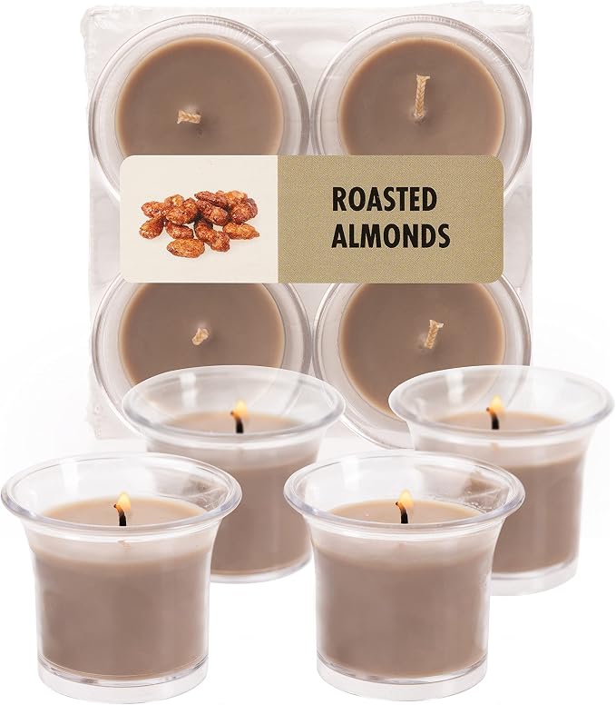 HYOOLA Clear Cup Scented Votive Candles - Roasted Almonds - 12 Hour Burn Time - 4 Pack - European Made