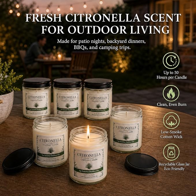Citronella Candles Outdoor - 6 Pack Soy Wax Citronella Candles, 42 oz 300 Hours Total Outdoor Candle Set for Patio Backyard, Garden, Balcony, Deck, Porch, BBQ, Camping & Summer Parties
