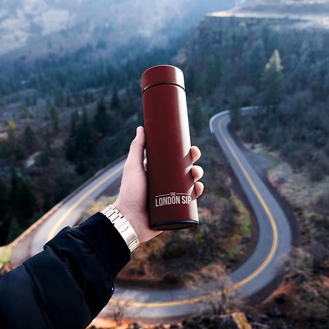 The London Sip Multi-Purpose Travel Mug and Tumbler Fruit Infused Flask Hot and Cold Double Wall Stainless Steel Thermos with Extra-Long Infuser, Sacred Red