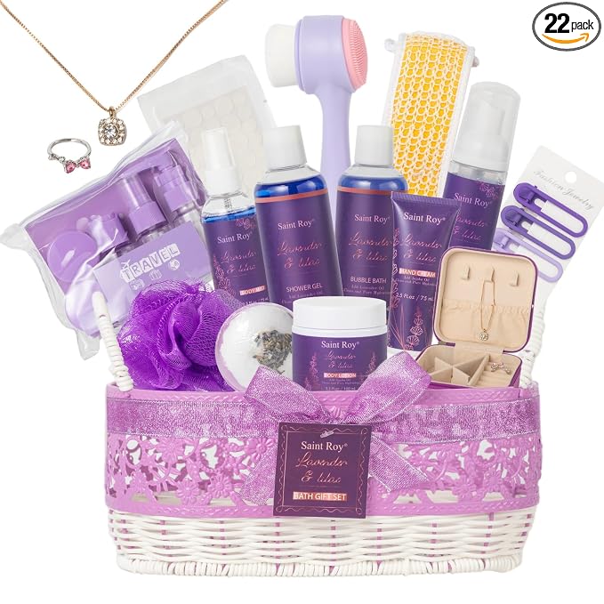 25Pcs Lavender Bath and Body Gift Basket, Hydrating Skin Care Kit, Spa Kit | Self-Care Set, Home Spa Basket set, Beauty Care Kit w/ Necklace, Birthday, Christmas, Mother Day, Anniversary, Bridal Shower