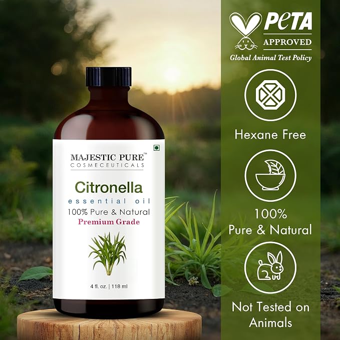 Majestic Pure Essential Oil with Glass Dropper - 100% Pure and Natural - Essential Oils for Diffuser, Aromatherapy, Soap and Candle Making, Citronella Essential Oil, Citronella Oil, 4 Fl Oz