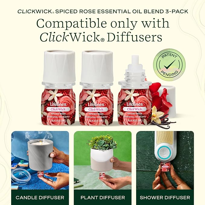 Lifelines ClickWick Essential Oil Blends for Lifelines Diffusers, 3-Pack Spiced Rose Set – Essential Oil Blend Refill for Candle, Plant & Shower Aromatherapy Diffuser – Fragrance for Diffusers