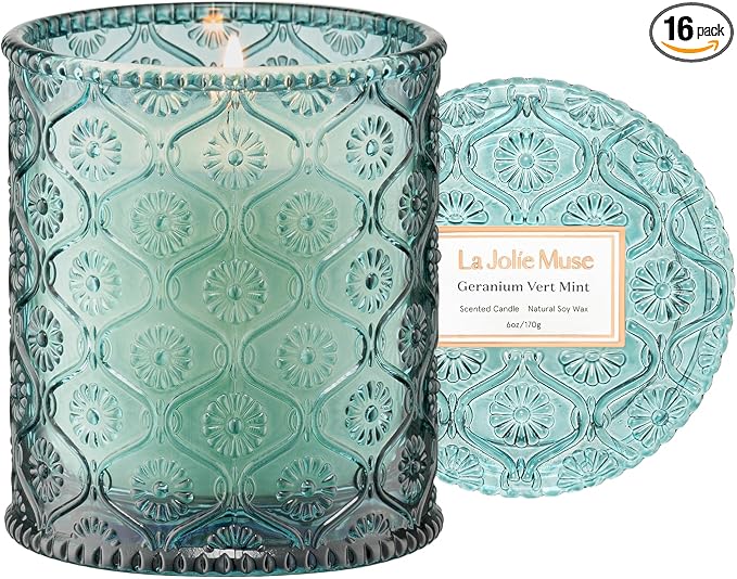 LA JOLIE MUSE Geranium Vert Mint Candle - Mint, Geranium, Lavender | 6 oz Natural Soy Wax | 40 Hours Clean Burn | Fresh Scented Candle | Gift-Ready for Hosts & Gatherings