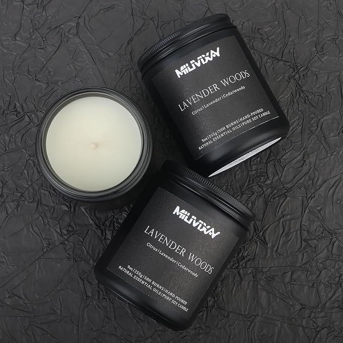 MILIVIXAY Candle for Men Lavender Woods Scented Classic 9oz Jar Single Wick Candle, Soy Wax Candles for Consistent Burn, Over 50 Hours of Burn Time, Ideal for Creating Relaxing & Holiday Gifting.