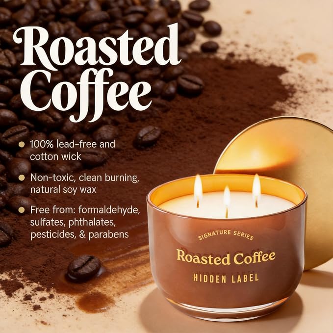 Roasted Coffee Scented Candle, 18oz Natural Soy Wax Non Toxic, 3-Wick Large Candles for Home, 75 Hours Burn Time, Strong Cold & Hot Throw, Coffee Lover Gift, Kitchen & Office, Long Lasting Aroma