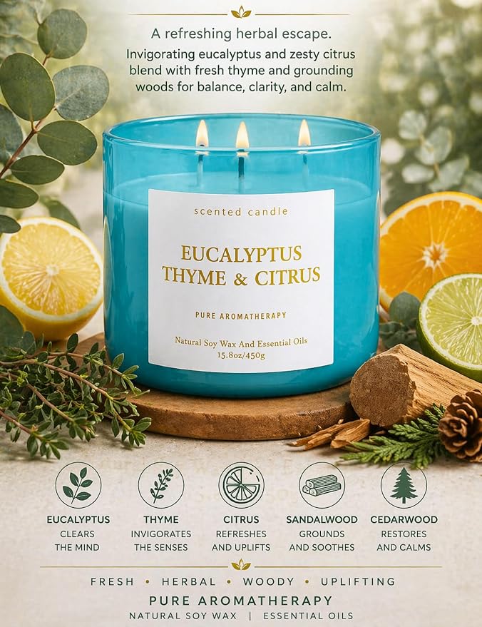 Eucalyptus Thyme Citrus Candle | 3-Wick Large Scented Soy Candle 15.8 oz | Aromatherapy Stress Relief Candles | Relaxing Herbal Spa Scent | Long Lasting Clean Burn