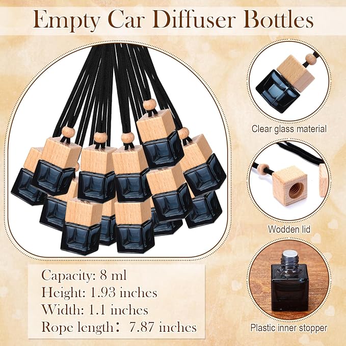 Boao 50 Sets Hanging Car Air Freshener Diffuser Bottles with 2 x 3.54 Inch Car Diffuser Instructions Cards for Empty Essential Oil Bottles(Black Card,Black Square)