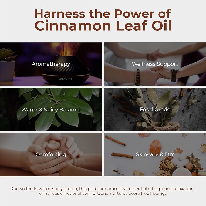 Viva Doria Cinnamon Leaf Essential Oil, 100% Pure, Natural Cinnamon Essential Oil, Undiluted, for Aromatherapy | Food Grade, 30 mL (1 Fluid Ounce)