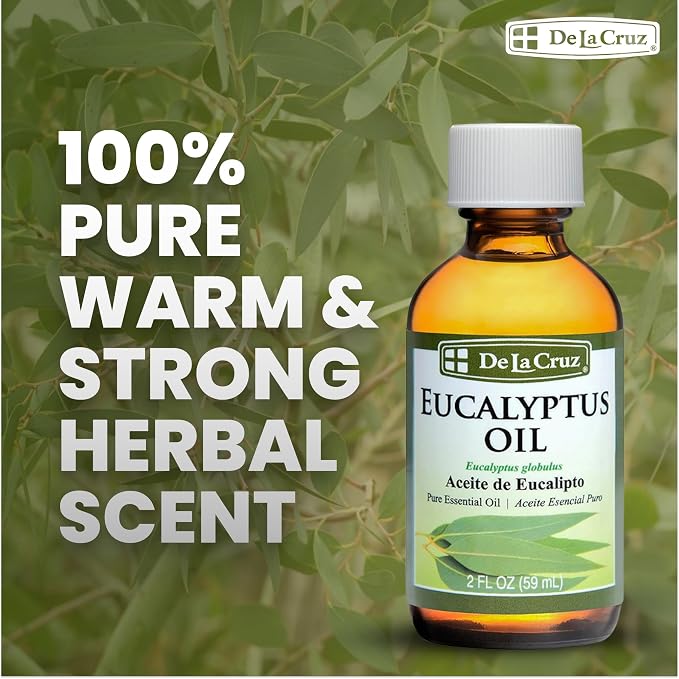De La Cruz Eucalyptus Essential Oil, 100% Pure Steam Distilled Eucalyptus Globulus, Eucalyptus Oil, Eucalyptus Essential Oil for Diffuser, 2 FL OZ, Aromatherapy, Tree Oil (1 Bottle)