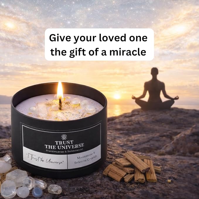 Trust the Universe Crystal Candle, 8oz Soy Wax with Moonstone & Selenite Crystals, Frankincense & Sandalwood Aromatherapy for Meditation, Manifestation & Spiritual Gifts for Women and Men