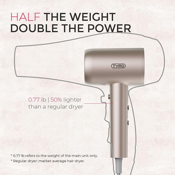 TYMO Diffuser Hair Dryer Blow Dryer - 300 Million Ionic Hairdryer with Diffuser & Comb Attachment for Curly Hair, Professional Blowdryer for Women, Cool Air Button, Small Travel Lightweight, Gold