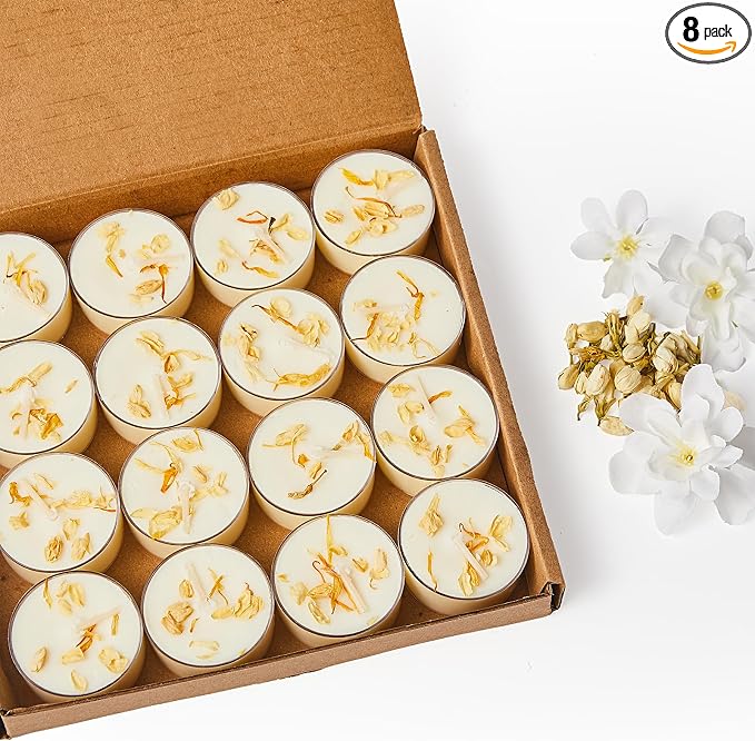 Ashlux Acrylic Jasmine Soy Wax Scented Tea Lights, 8 Pack Bulk – 4 Hour Long Burning, Non-Paraffin, Smokeless,Tealight Candles for Weddings, Table Centerpieces, Home Decor & Christmas