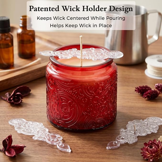 10 oz Red Sun Moon Stars Candle Jars with Metal Lids, 9 Pack | Patented Embossed Design, Includes Wick Centering Devices & Warning Labels, Multiple Color Options